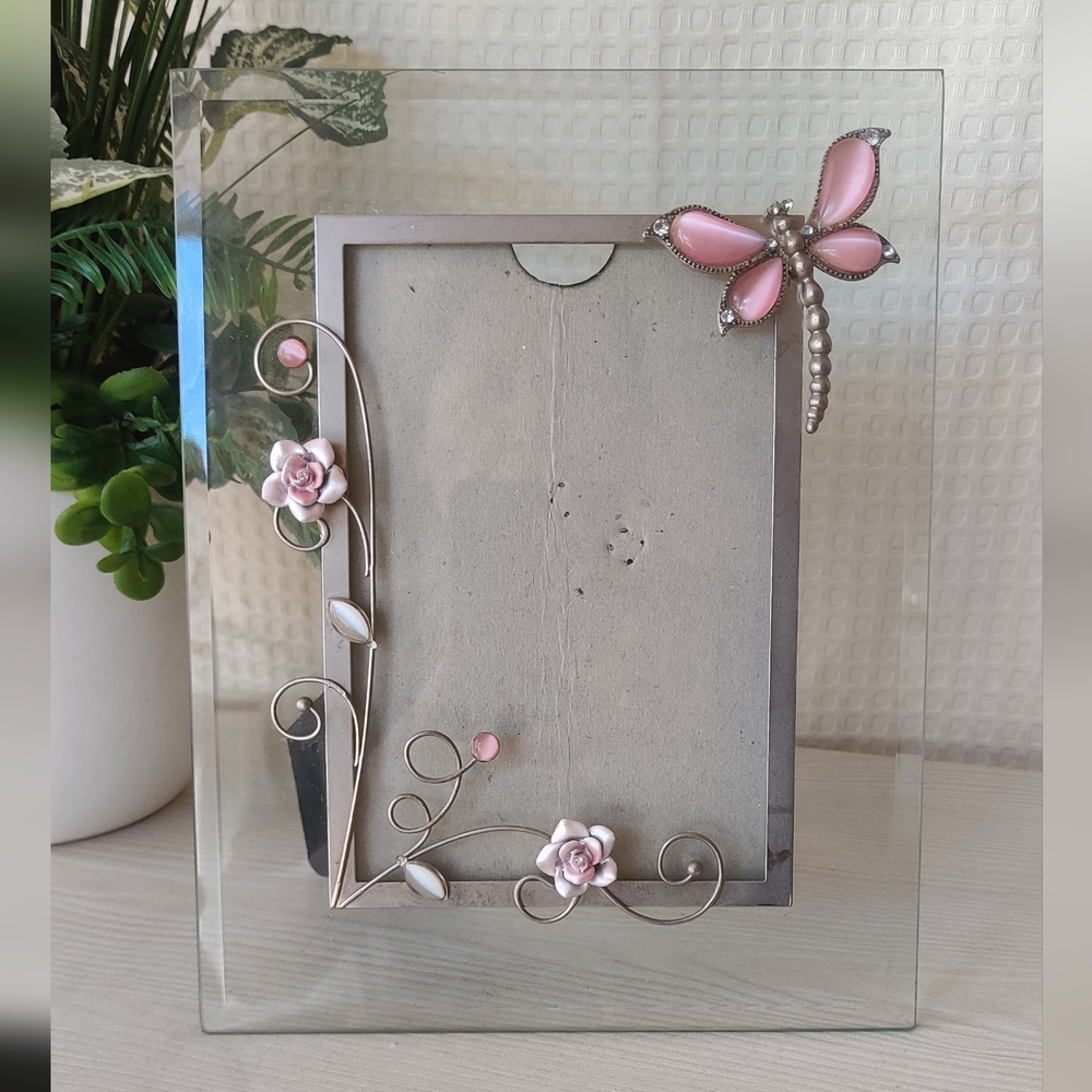 Glass Photo Frame with Pink Jeweled Dragonfly, flowers and Metal Accents